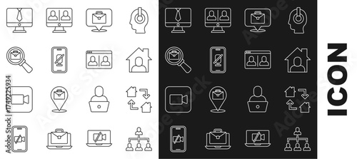 Set line Hierarchy organogram chart, Online working, Mute microphone on mobile, Magnifying glass with briefcase, Video chat conference and icon. Vector