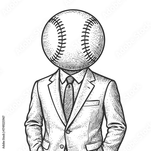 man in a suit with a baseball for a head sketch engraving generative ai fictional character vector illustration. Scratch board imitation. Black and white image.