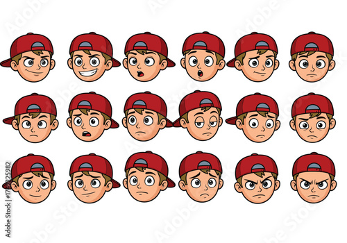 Cartoon boy character head with a variety of facial expressions.
