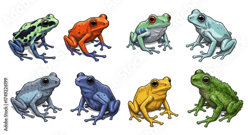 Collection of colorful frog illustrations, featuring vibrant species on a white background