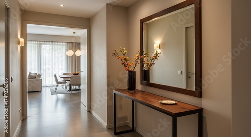 広々としたモダンな玄関廊下 暖色系の柔らかな間接照明が空間全体を優しく包み込み奥のリビングダイニングへ誘う 木製コンソールと大きな鏡が洗練された居住空間を美しく演出. AI Generated