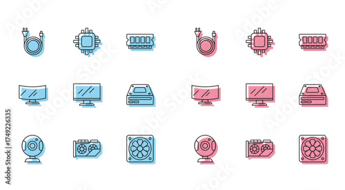 Set line Web camera, Video graphic card, Electric plug, Computer cooler, monitor screen, Optical disc drive, and Processor with CPU icon. Vector