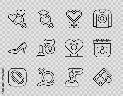 Set line Sanitary napkin, Packaging of birth control pills, Feminism, Female gender, Microphone, opinion and Calendar with 8 March icon. Vector