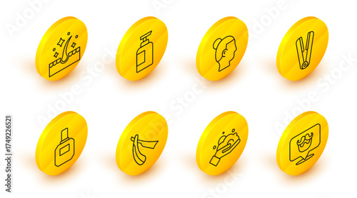 Set line Barbershop, Shaving foam on hand, Straight razor, Aftershave, Curling iron for hair, Hairstyle men, Bottle of shampoo and Oil care treatment icon. Vector