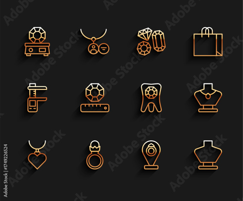 Set line Necklace with heart shaped pendant, Diamond engagement ring, Gem stone, Jewelry store, mannequin, and Tooth diamond icon. Vector