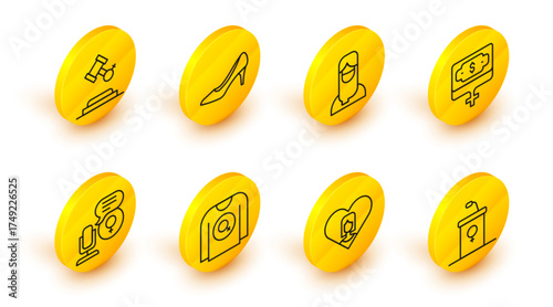 Set line Debate podium rostrum, Heart with female, Feminist shirt, Microphone, Money growth woman, Muslim hijab, Woman shoe and Female rights icon. Vector