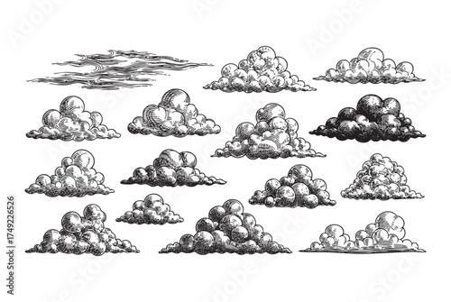 Cloud Set, a Collection of Hand-Drawn Cumulus and Stratus Clouds engraving vector illustration