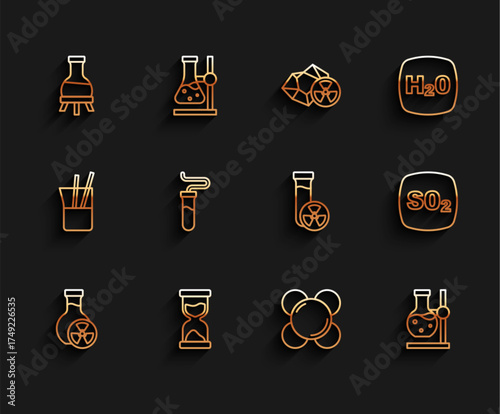 Set line Test tube with toxic liquid, Old hourglass, Molecule, flask on stand, Sulfur dioxide SO2 and icon. Vector