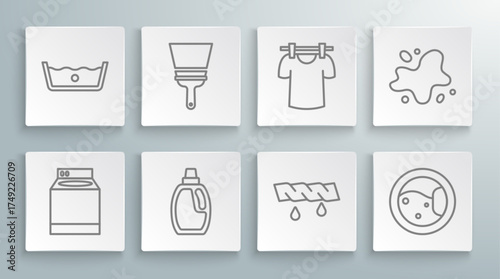 Set line Washer, Rubber cleaner for windows, Bottle cleaning agent, Squeeze clothes, Drying, Water spill and Temperature wash icon. Vector