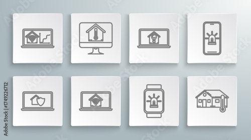 Set line Laptop with house under protection, Computer monitor temperature, smart home wi-fi, Smart watch and alarm, House, light bulb, Mobile phone and icon. Vector