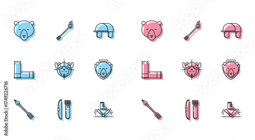 Set line Hipster arrow, Bow and in quiver, Bear head, Trap hunting, Hunt on moose with crosshairs, shield, Cartridges and Flame icon. Vector