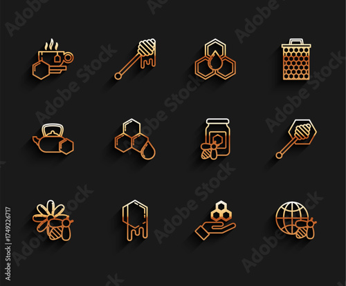 Set line Bee and flower, Honeycomb, Cup of tea with honey, hand, map the world bee, dipper stick and Jar icon. Vector