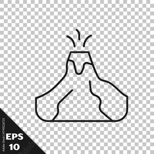 Black line Volcano eruption with lava icon isolated on transparent background. Vector