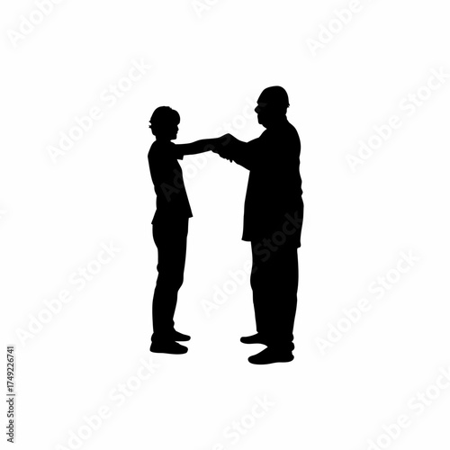 Therapist teaching relaxation techniques to elderly patient silhouette isolated on white background