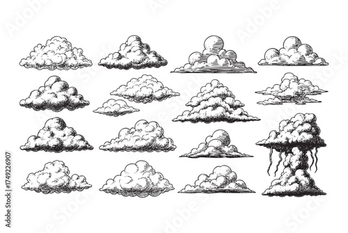 Cloud Set, a Collection of Hand-Drawn Cumulus and Stratus Clouds engraving vector illustration