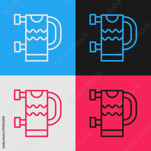 Pop art line Heated towel rail icon isolated on color background. Vector
