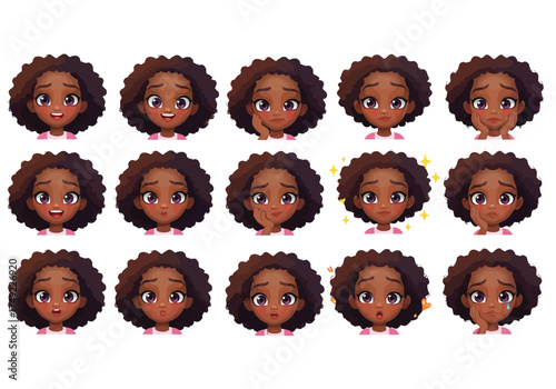 Set of African American girl facial expressions and emotions.