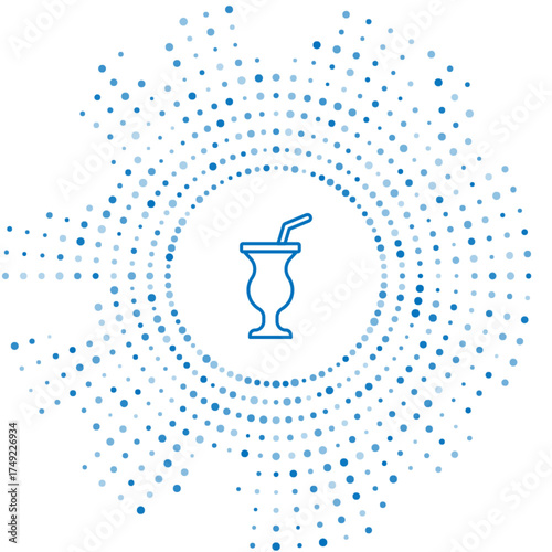 Blue line Milkshake icon isolated on white background. Plastic cup with lid and straw. Abstract circle random dots. Vector