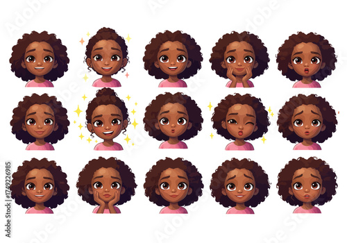 Set of emotional facial expressions of a young Black girl.