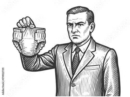 serious businessman in a suit holding a baby diaper, combining humor and surrealism sketch engraving generative ai fictional character vector illustration. Scratch board. Black and white image.