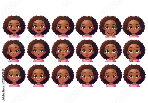 Set of African American girl facial expressions and emotions.