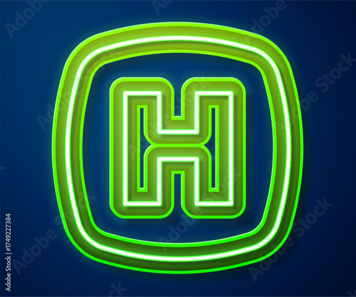 Glowing neon line Hospital signboard icon isolated on blue background. Vector