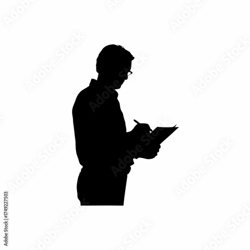 Silhouette of a therapist writing notes after successful session isolated on white background