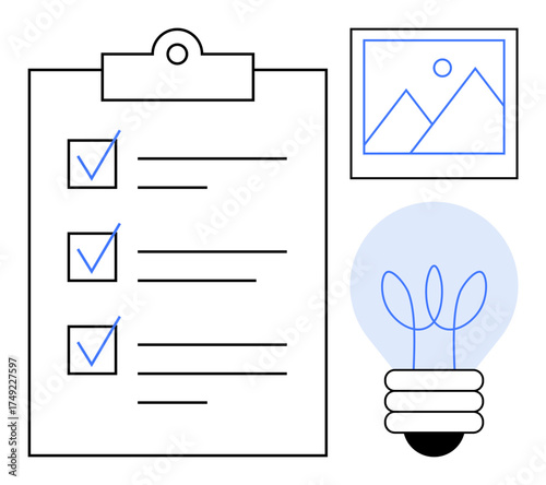 Clipboard with a checklist, lightbulb with plant sprout, framed landscape. Ideal for creativity, productivity, innovation, organization, planning idea generation growth. A simple flat metaphor