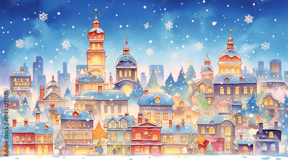 Obraz premium クリスマスの季節感あふれる冬の風景イラスト素材 雪の積もった街並みやツリーの灯りが幻想的な雰囲気を演出する抽象的な季節背景画像