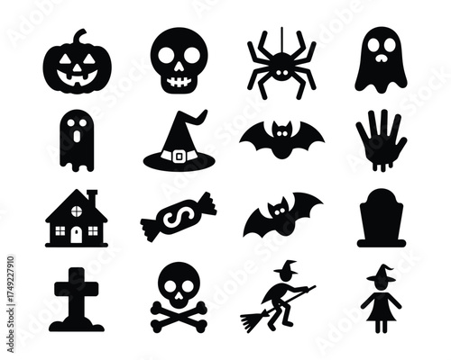 Set of 16 black halloween icons vector illustration scalable eps graphic design elements silhouette
