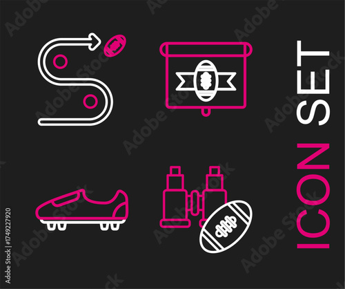 Set line Binoculars and american football ball, Soccer or shoes with spikes, American on tv program and Planning strategy concept icon. Vector