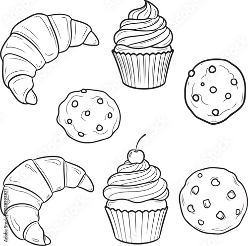 Baked Goods Line Art Doodles | Croissant, Cupcake, and Cookie Vector Set

Hand Drawn Outline of Dessert and Breakfast Pastries Clipart

Minimalist Black and White Bakery Sketches: Sweets and Snacks
