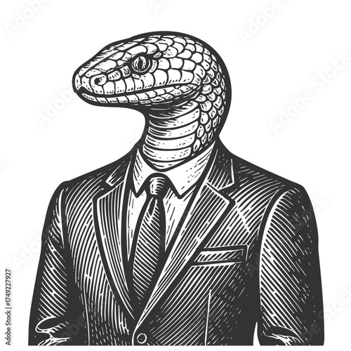 man in a suit with a snake head sketch engraving generative ai fictional character vector illustration. Scratch board imitation. Black and white image.