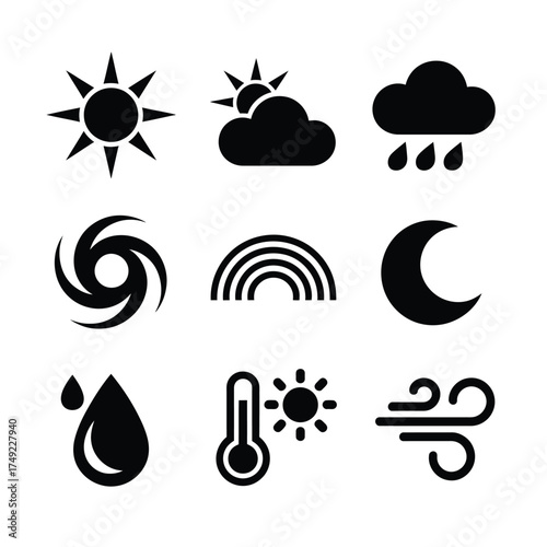Set of 9 black and white weather icons vector illustration scalable eps format weather forecast symbols silhouette