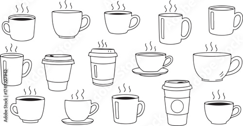 Steaming Coffee Mugs & Cups Line Art | Hot Drink Vector Doodle Set

Hand Drawn Outline Icons of Various Coffee and Tea Cups

Minimalist Black and White Mug Clipart Collection for Cafe Design