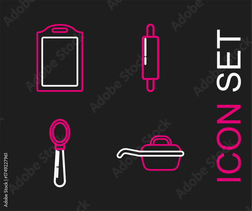 Set line Frying pan, Spoon, Rolling pin and Cutting board icon. Vector