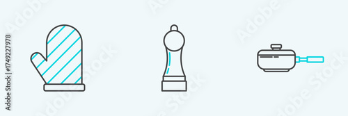 Set line Frying pan, Oven glove and Pepper icon. Vector