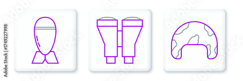 Set line Military helmet, Aviation bomb and Binoculars icon. Vector