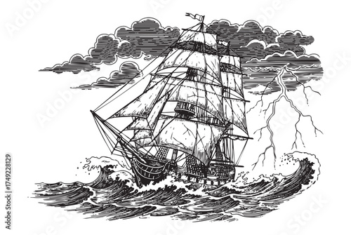 Sailing Ship in Storm engraving vector illustration