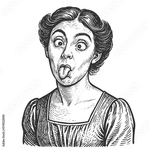 woman sticking out her tongue and crossing her eyes, expressing humor sketch engraving generative ai fictional character vector illustration. Scratch board imitation. Black and white image.