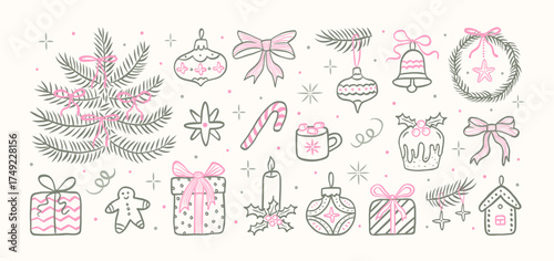 Christmas hand drawn vintage doodle elements set in line sketch style. Christmas tree, gift, star, pink bows, candy cane, tree toys, cacao, snowflake, holly. Whimsical retro decor.Vector illustration.