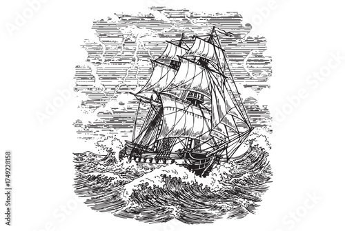 Sailing Ship in Storm engraving vector illustration