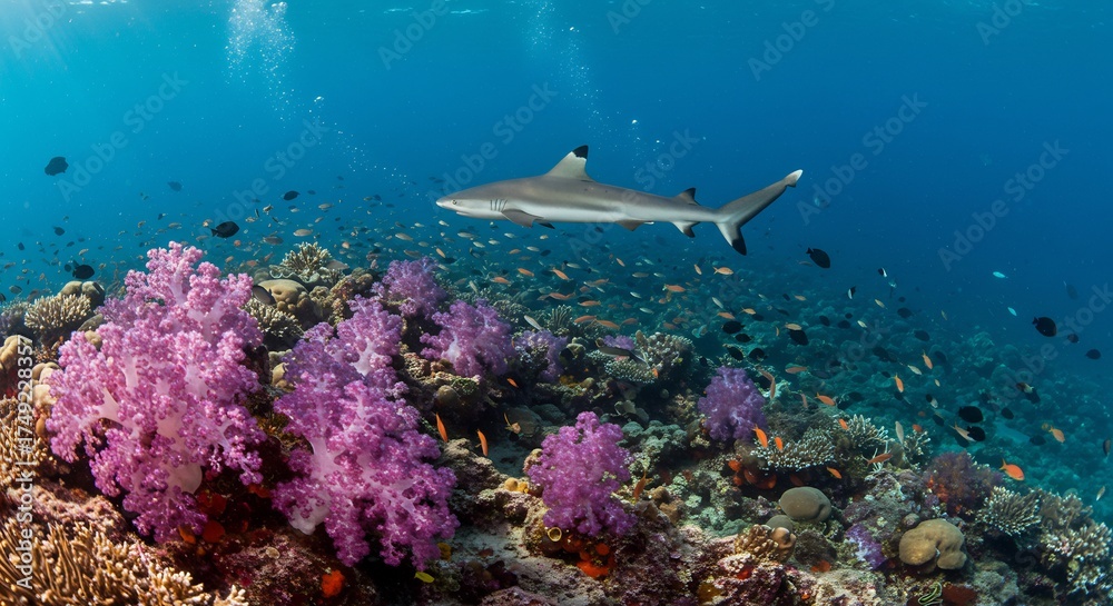 Obraz premium 暖かく降り注ぐ太陽の光が明るく照らす色鮮やかなピンクや紫の軟質サンゴが群生する豊かなサンゴ礁の海中世界を堂々と泳ぎ進む一匹のサメの雄大な姿. AI Generated