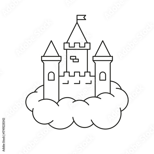 Castle in cloud line icon. Black simple pictogram. Vector isolated element on white background