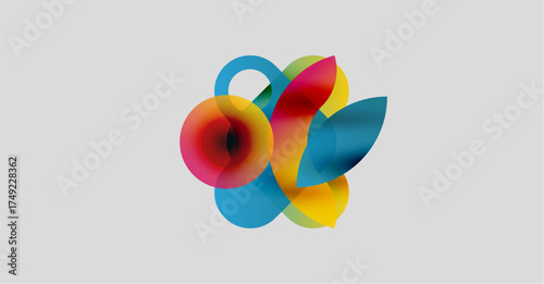 Abstract colorful shapes overlap, creating dynamic visual composition. Bright hues blend, forming fluid forms against neutral backdrop.