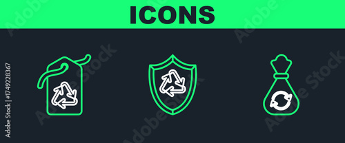 Set line Garbage bag with recycle, Tag symbol and Recycle inside shield icon. Vector