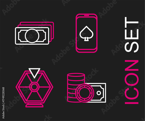 Set line Casino chips and stacks money cash, Lucky wheel, Online poker table game and Stacks paper icon. Vector