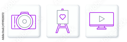 Set line Online play video, Photo camera and Wood easel or painting art boards icon. Vector