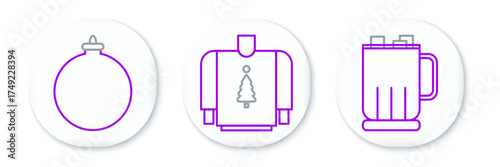 Set line Hot chocolate cup with marshmallows, Christmas ball and sweater icon. Vector