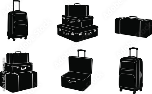 Travel luggage silhouettes with suitcase, duffel bag, open case, stacked bags, and trolley vector icons for tourism, vacation, and journey illustration